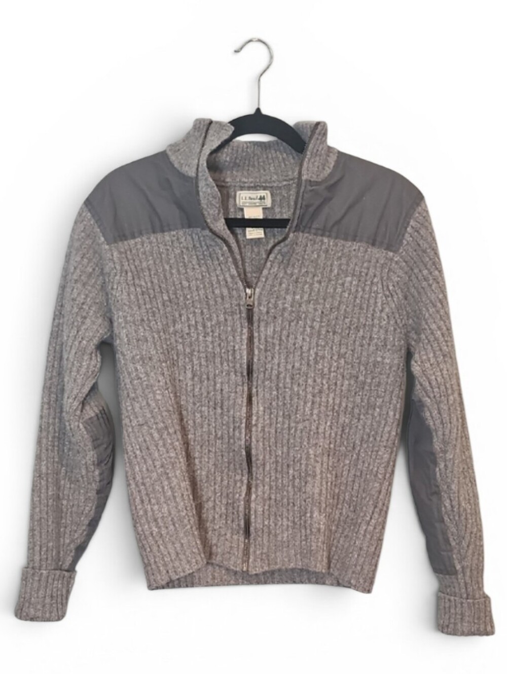 🍄 L.L. Bean Gray Ribbed Full-Zip Sweater with Shoulder and Elbow Panels, Size M